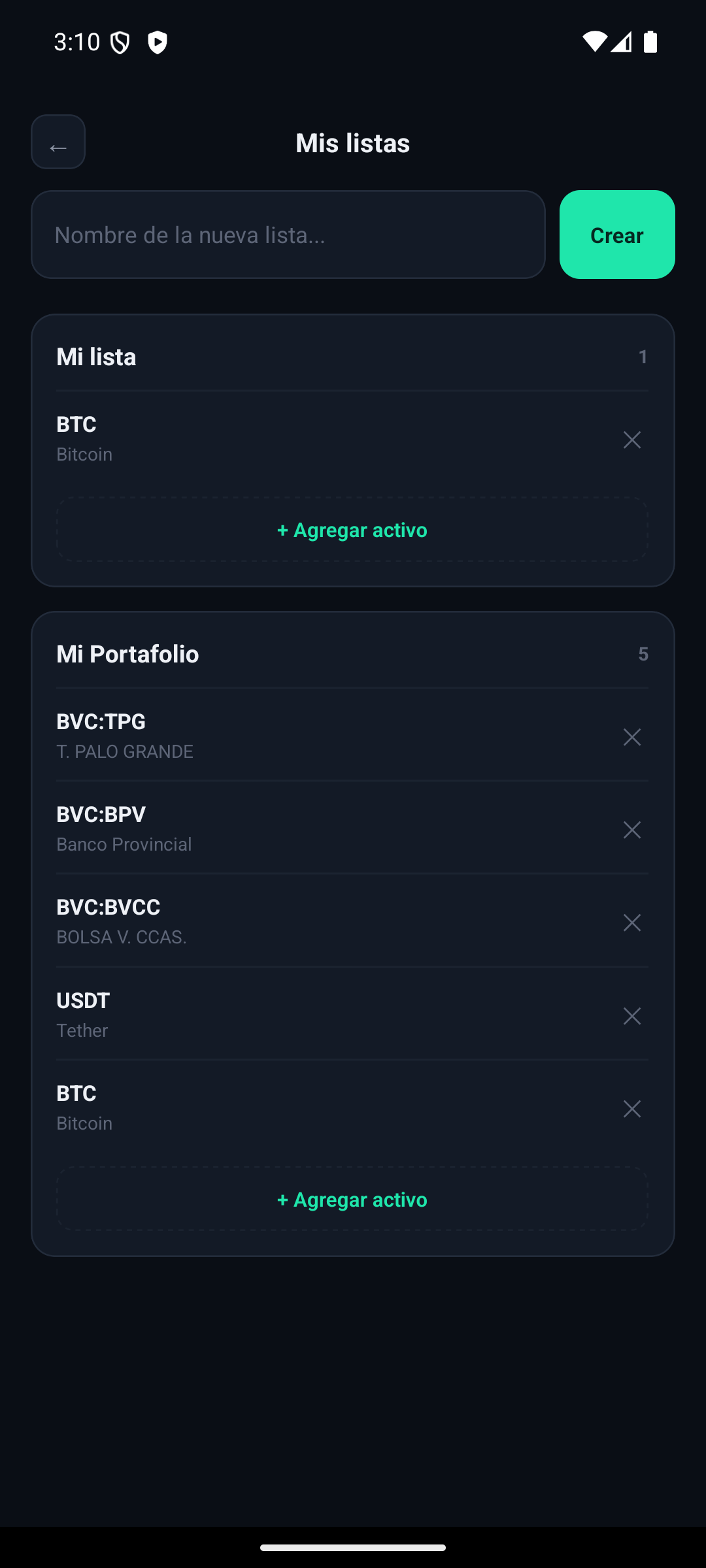 Pantalla Mis listas de AlTanto con activos en seguimiento